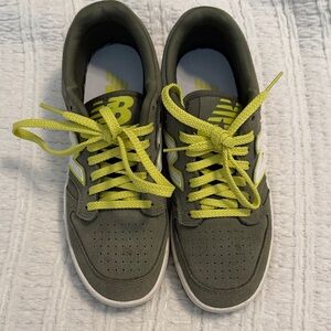 New Balance Olive Suede Sneakers with Neon Yellow Laces